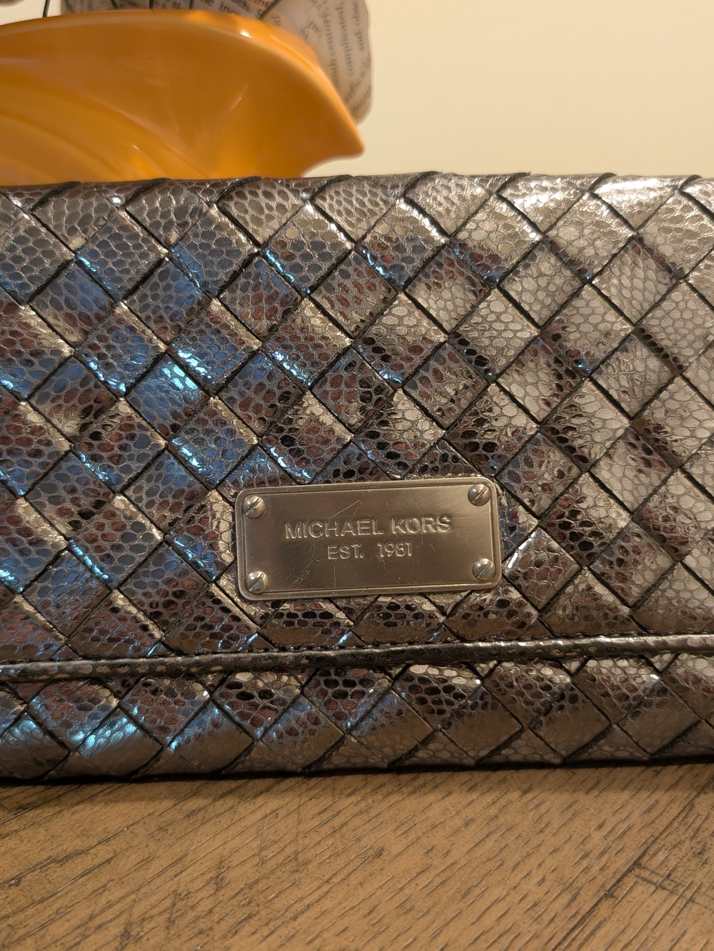 Michael Kors Metallic Pewter Woven Clutch Wallet